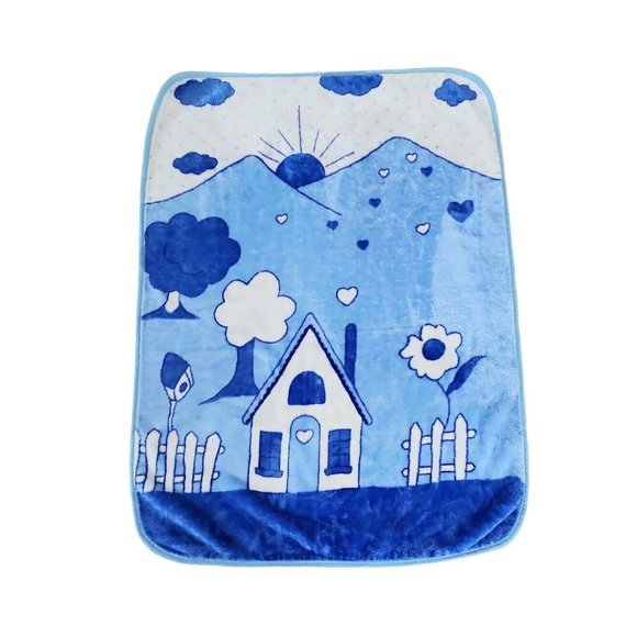 Minky Baby Blanket Afghan Throw Blue Sun Mountain Country Cottage Vtg Rare HTF